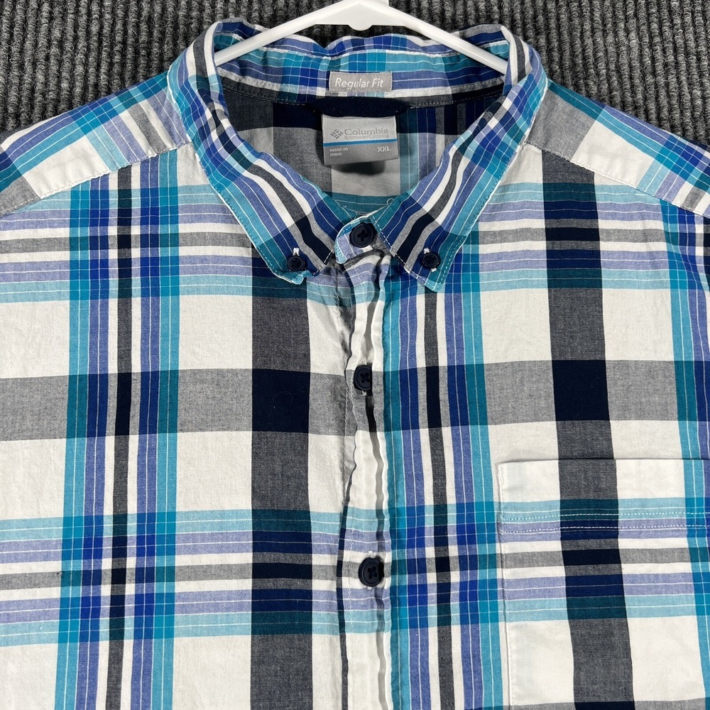 Columbia Mens Shirt 2XL XXL Blue Plaid Short Sleeve Button Up Regular Fit